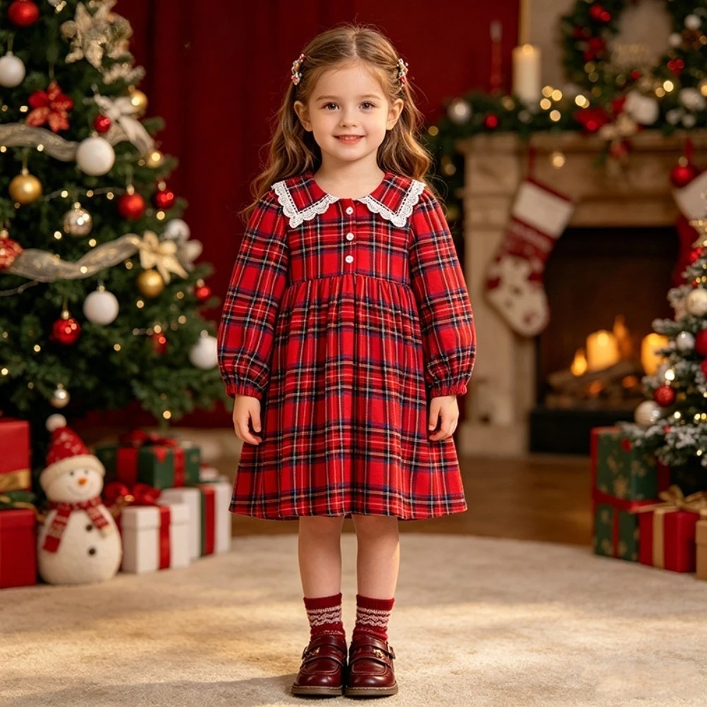 Autumn Red Checkered Lapel Long Sleeved Casual Dress Christmas and New Year Clothing for Girls Aged 2-6 Korean Version