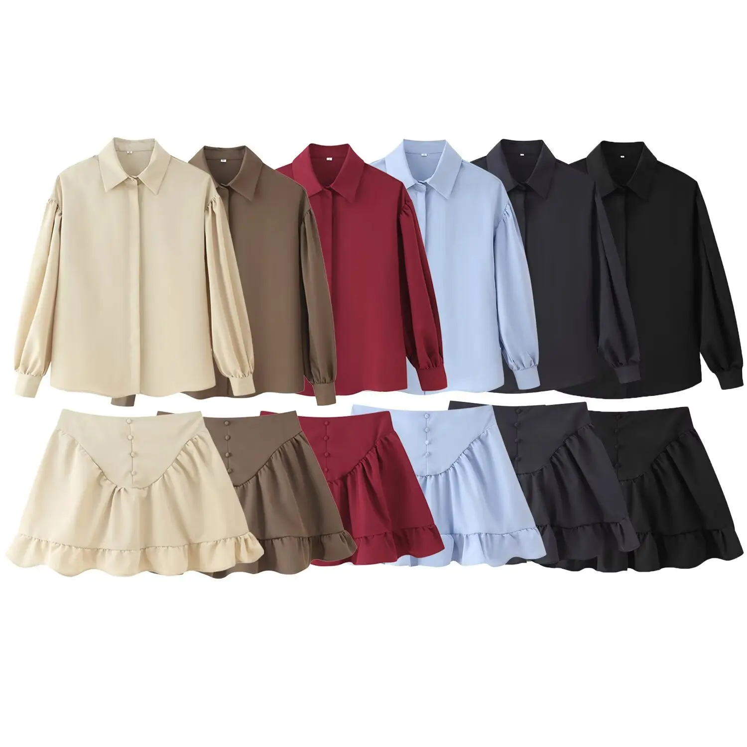 

European and American style niche design two-piece set 2025 new long-sleeved shirt with high-waist ruffle skirt