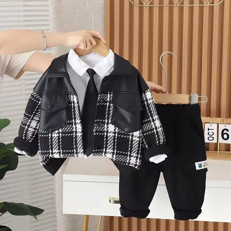 

Trendy Plaid Long Sleeve Three-Piece Set for Boys Autumn Fashion Streetwear Splice Pattern Bow Tie Outfit Kids Clothing Set