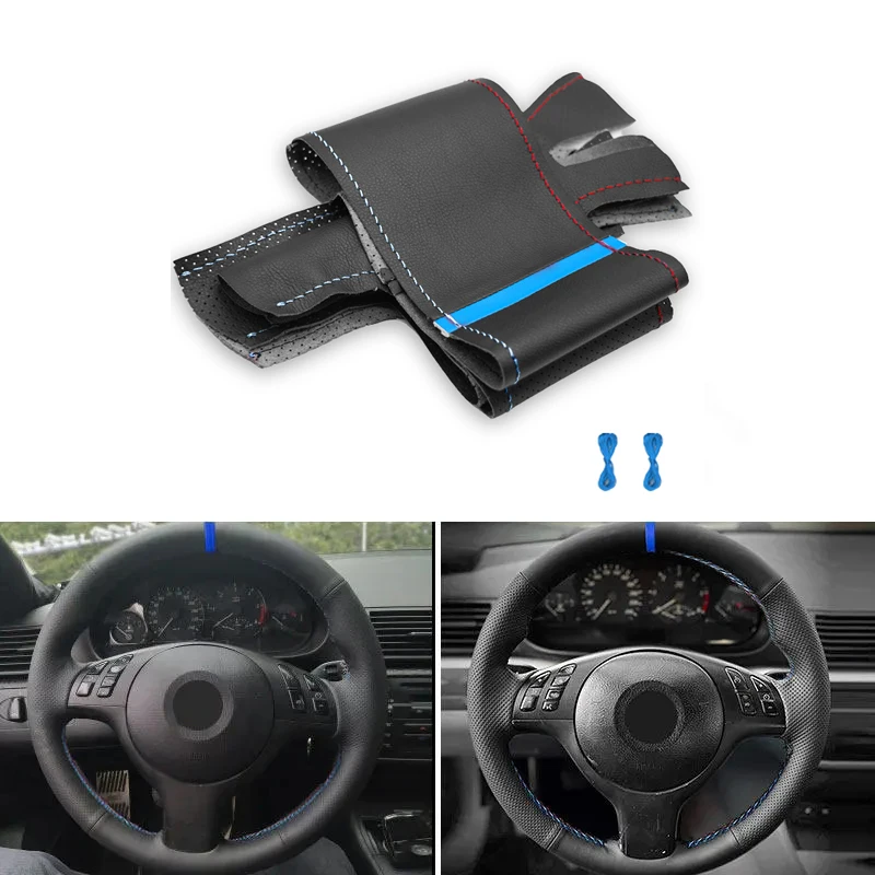 Car Steering Wheel Cover Leather Trim red blue line blue strip For BMW M Sport 3 5 Series E46 330Ci E39 525i 530i M3 E46 M5 E39