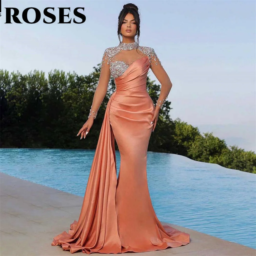 ROSES Purple Evening Dresses High Mermaid Party Dress with Pleats Satin فساتين مناسبة رسمية Regular Sleeve Crystal Prom Dresses