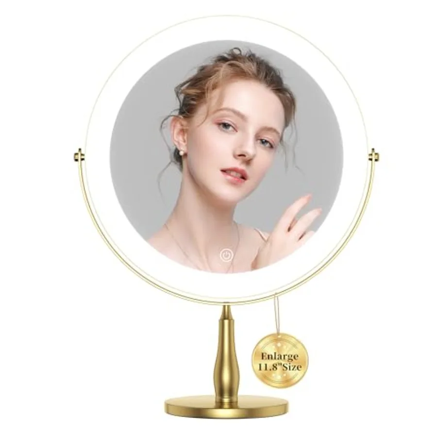 

Зеркало для макияжа с подсветкой, 11,8 дюйма, увеличенное, 1X/10X, двустороннее, с 96 светодиодами, 3 цвета подсветки с регулировкой яркости, поворот на 360° ° Поворотный светодиодный светильник V