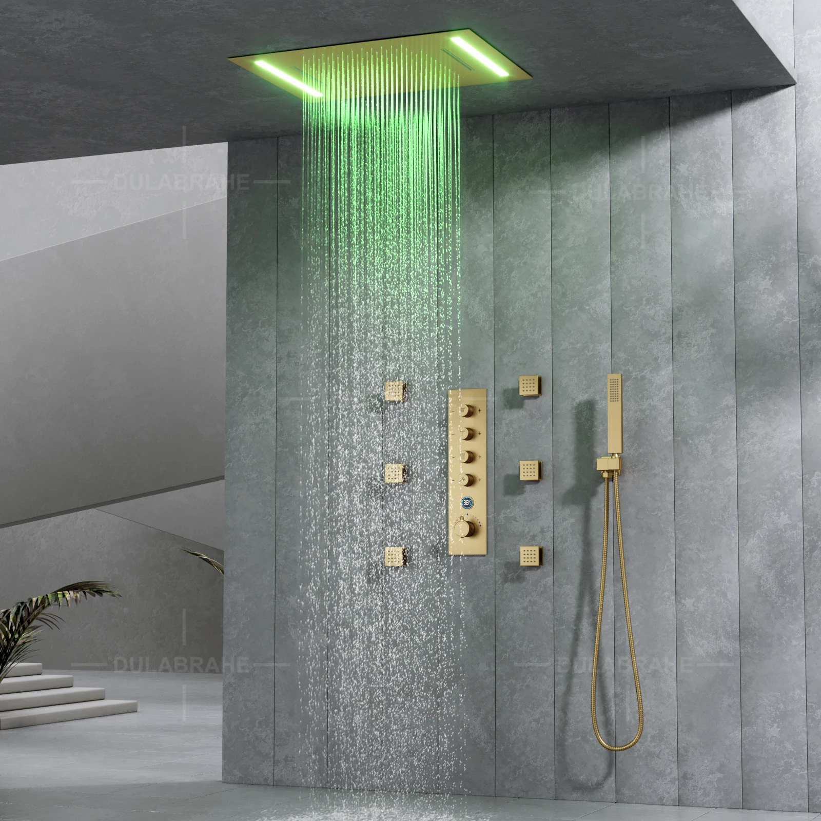 Ceiling Embedded 20*14inch Led Shower Head Rain Waterfall Shower Bathroom Temperature Display Shower Faucet Set