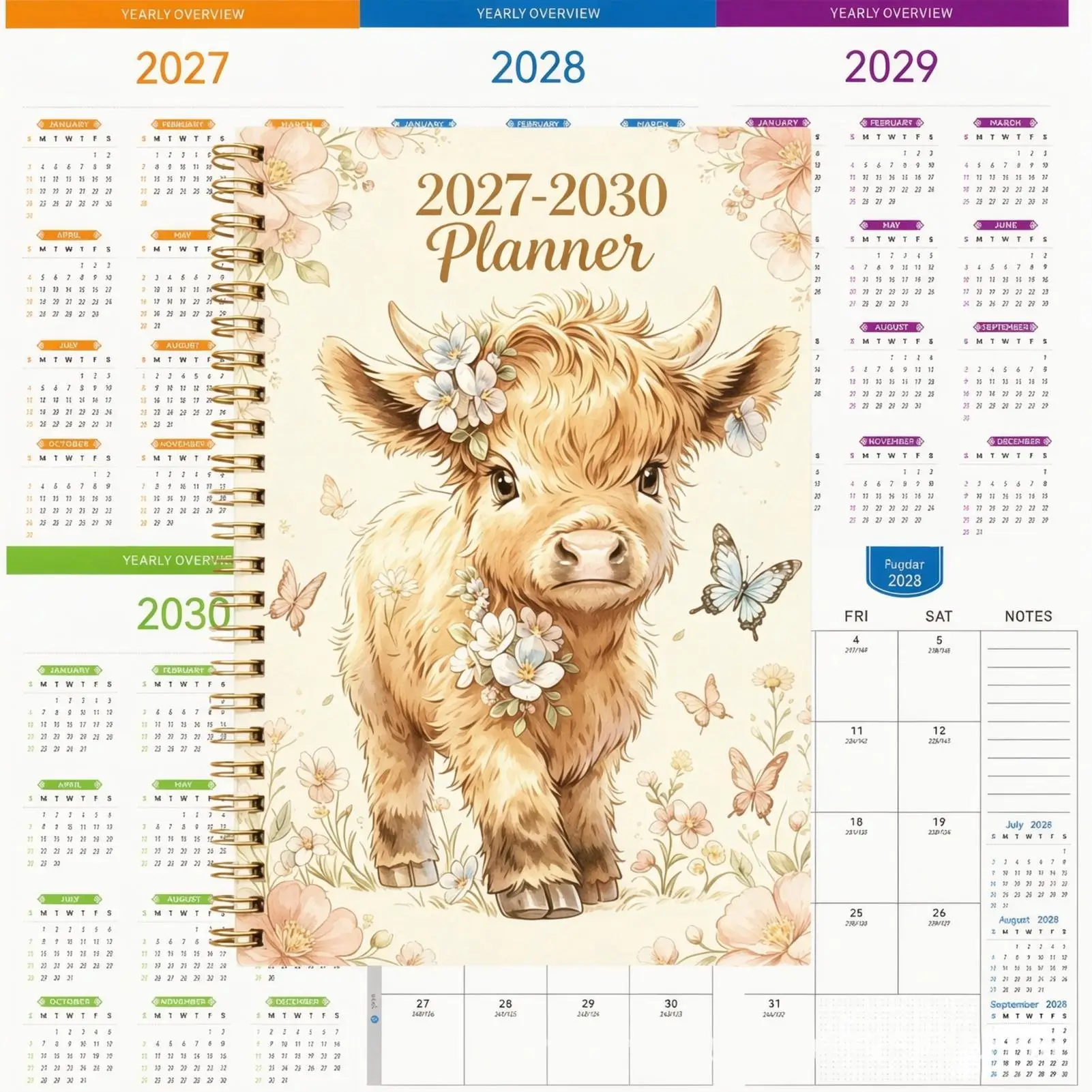 2027-2030 Monthly Planner 8.3x5.8 inch Cute Cow Patterns Diary Monthly Schedule Calendar Book Convenient Monthly View Layout