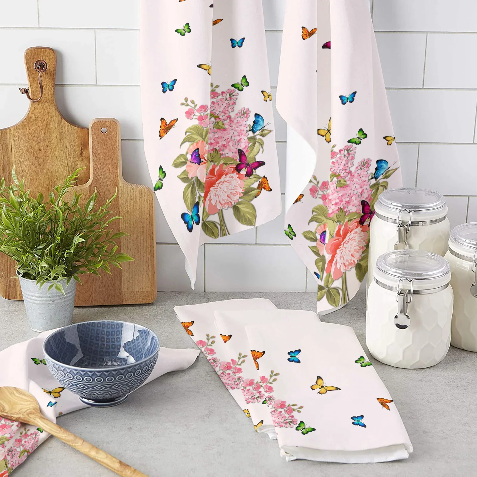 Pink Flower Illustration Butterfly Kitchen Towel Set Cleaning Cloth Kitchen Accessories Dish Washing Cloth Household Decoracion