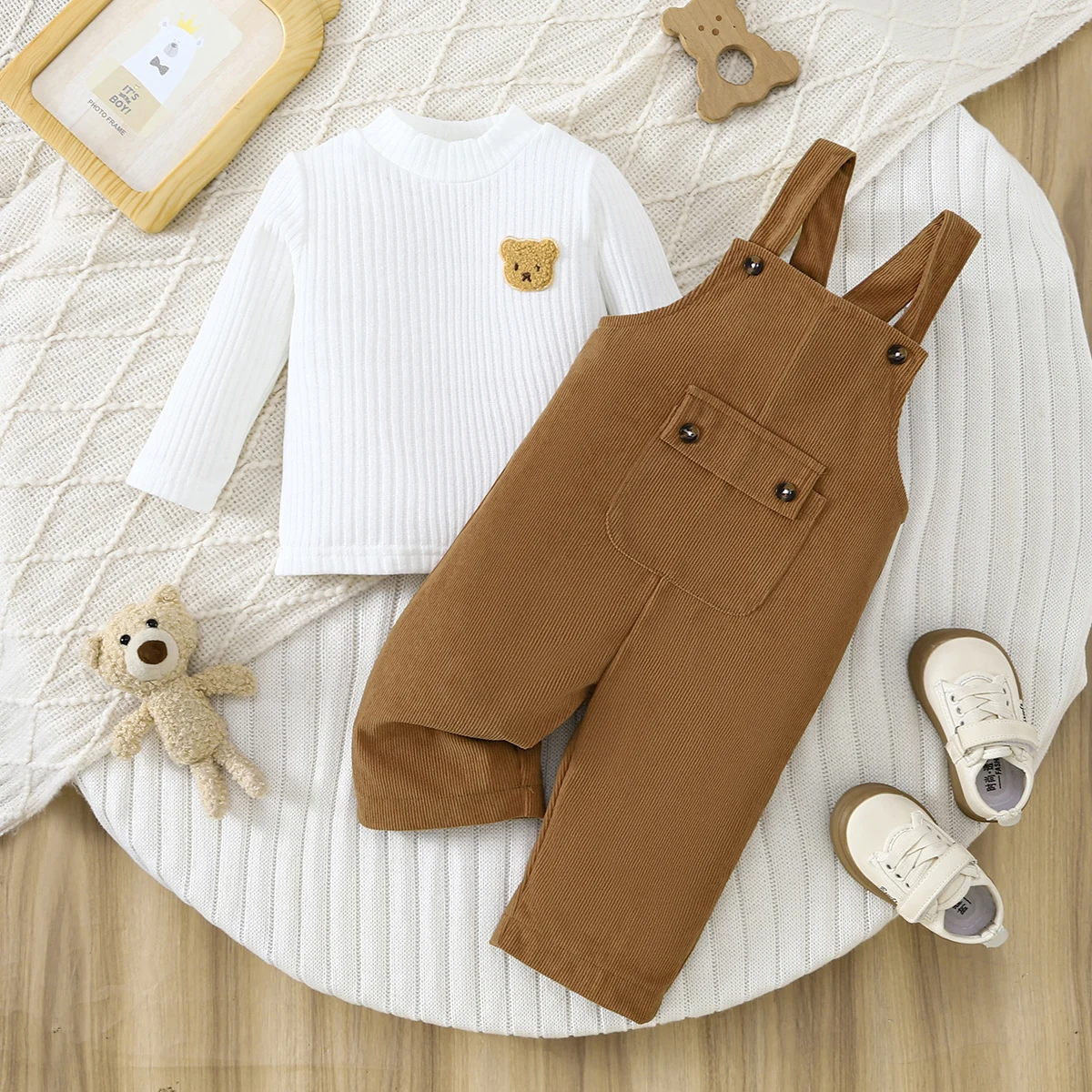 

Children's Bear Embroidery Two-Piece Set Vintage Simple Cute Knitted Sweater with Bear Decoration Adjustable Button Loose Pants