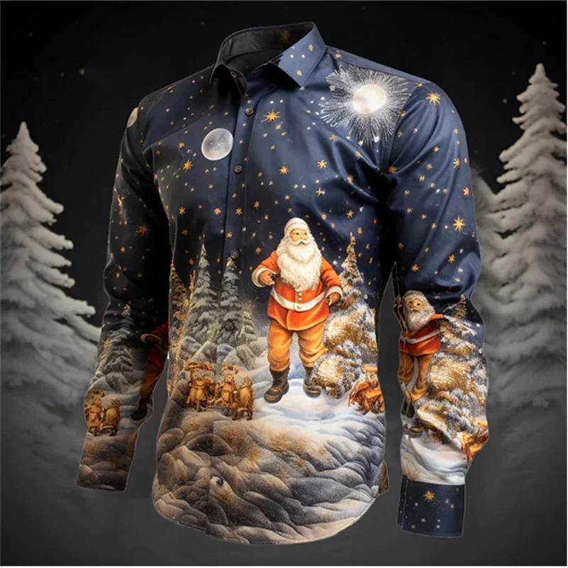 Santa Claus Christmas tree casual men's shirt, suitable for autumn and winter, long sleeves, mandarin collar, stretch fabric, av