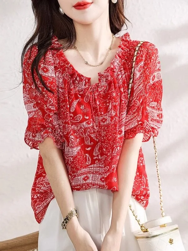 

Новая летняя женская рубашка свободного кроя с V-образным вырезом, принтом, завязками и застежкой на пуговицах спереди для повседневной носки