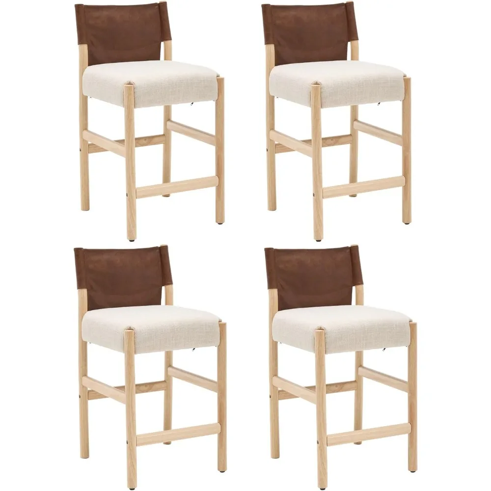 

Farmhouse 26 inch Bar Stools with Leather Back Set of 4, Beige Linen Armless Counter Height Bar Stools Modern Natural Wood Legs