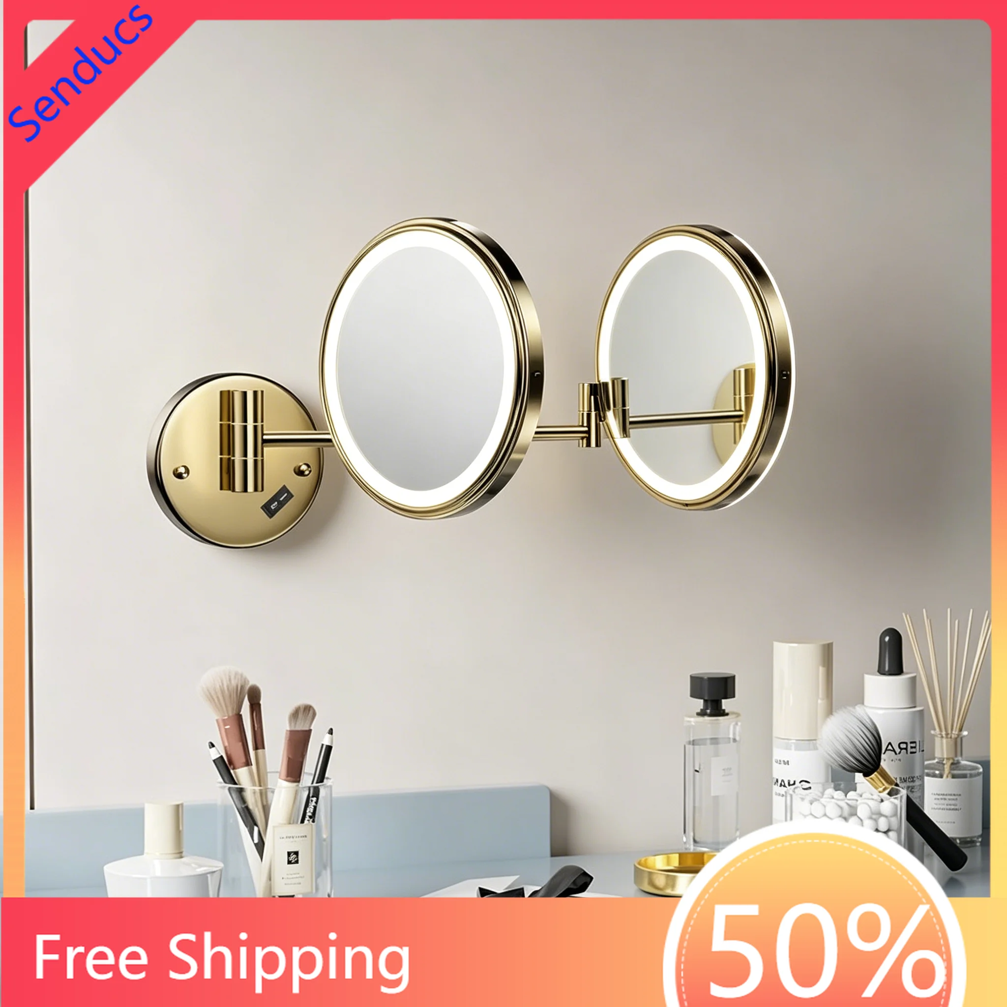 LED Wall Mounted Makeup Mirror Brass 5X Magnifying Led Folding Bathroom Mirrors Dual Arm Extendable Folding Bathroom Mirror