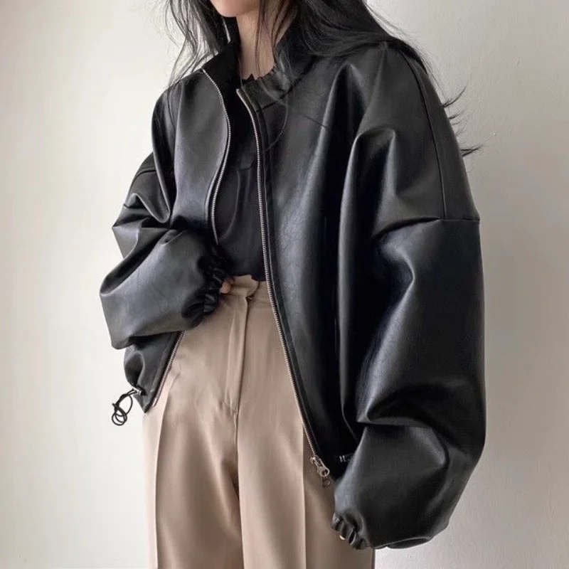 Amerikaanse trend woon-werkverkeer retro veelzijdige lente herfst nieuwe casual ritszak losse leren damesjas