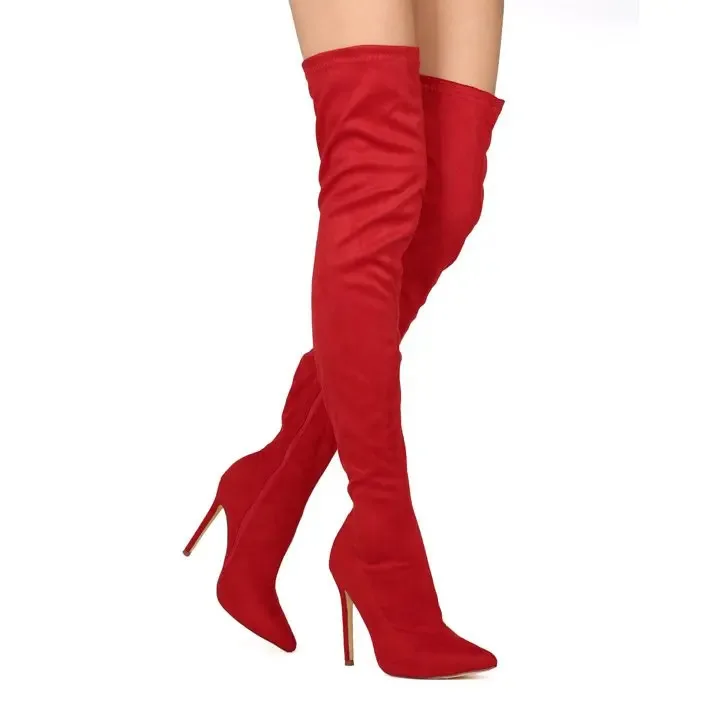 Big Size 34-46 Zwart Suède Dames Dij Hoge Laars Sexy Hoge Hakken Puntschoen Over De Knie Laarzen