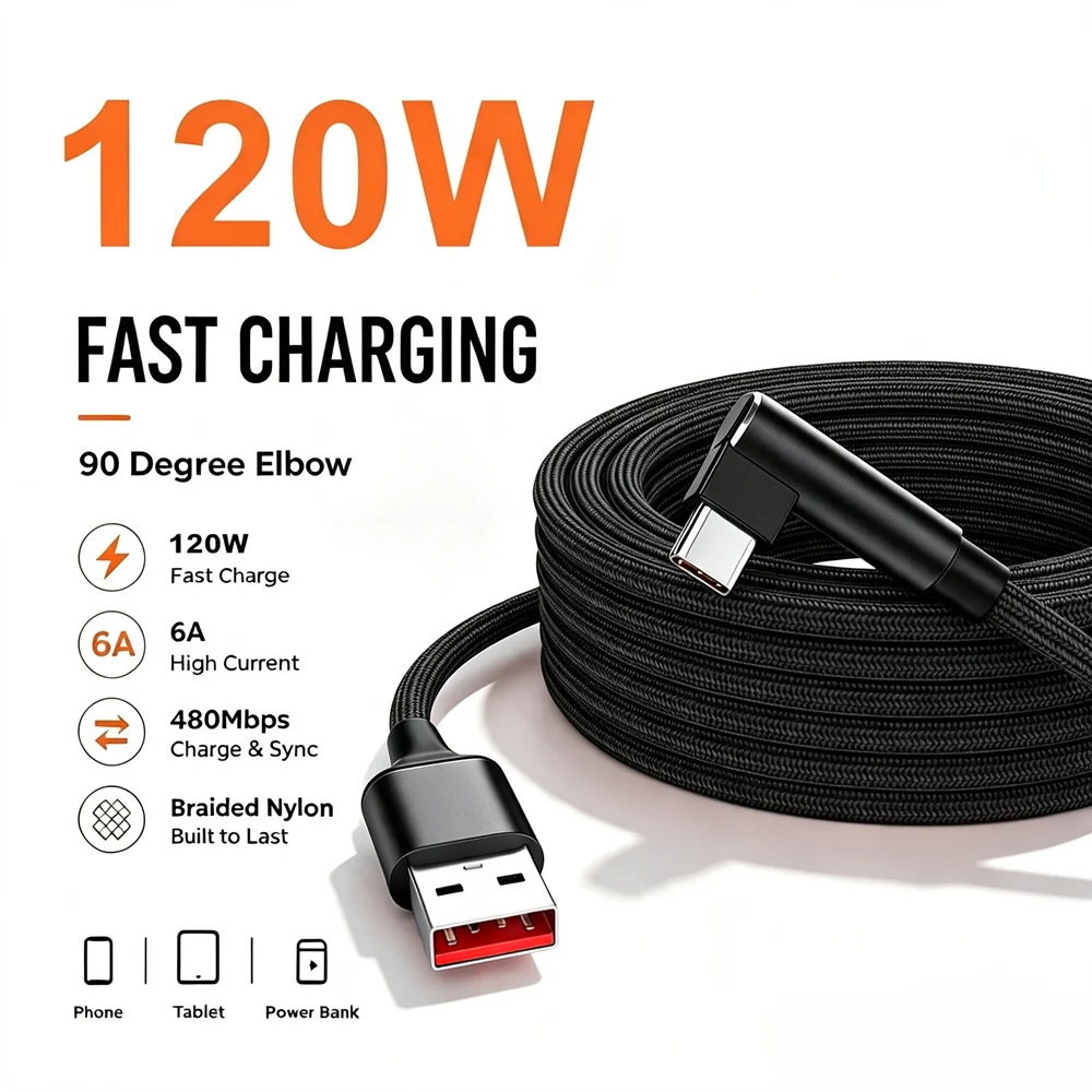 90° Elbow Type C USB 120W Fast Charging Cable For iPhone 15 16 17 Pro Xiaomi Redmi Huawei Honor Nylon Braided Quick Charge Cable