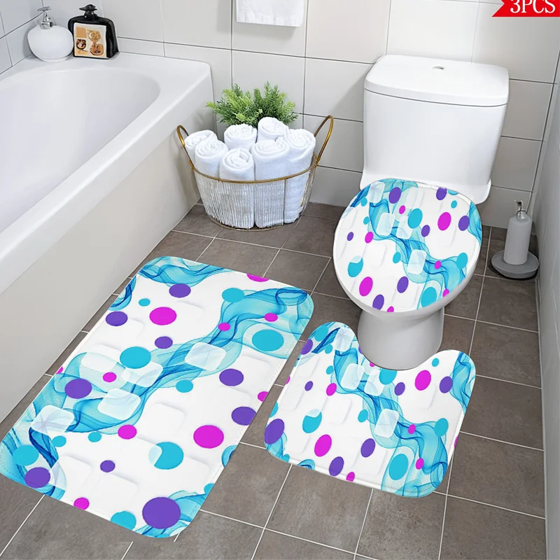 

3pcs Blue Purple Polka Dot Bath Mat Set Abstract Geometric Non-Slip Soft Plush Rug Toilet Lid Cover U-Shaped Mat Modern Decor