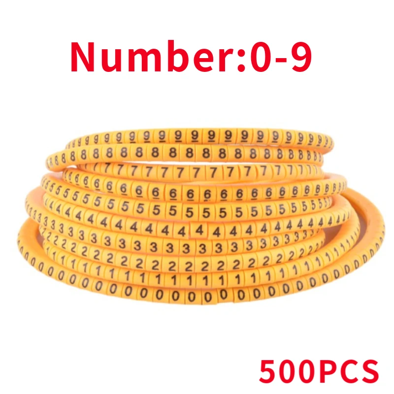Marcadores coloridos do cabo do tubo do número, marcador 0 a 9 do fio para o tamanho do cabo 1.5 2.5 4.0 6.0 sqmm, 0 a 9, 500Pcs