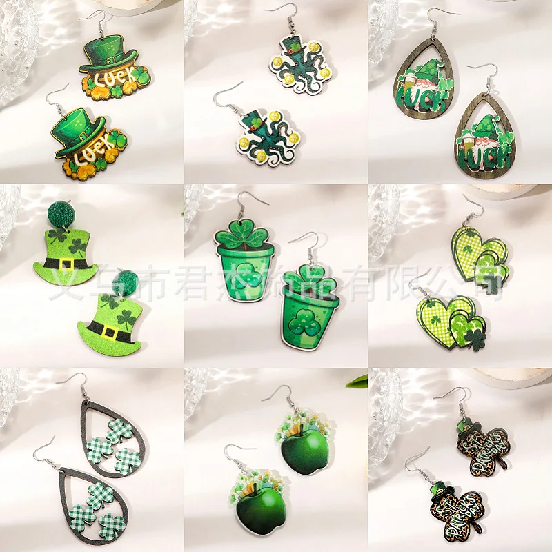 New Arrival St Patricks Day Wooden Earrings for Woman Lucky Carnival Four-leaf Clover Ireland Green Earring Fashion Jewelry Gift