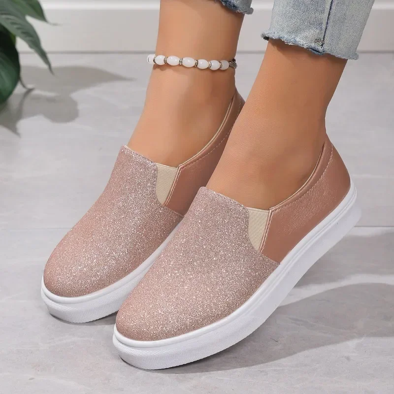 Fashion Women\'s Vulcanize Shoes Thick Bottom Loafers Casual Slip-on Flats Comfort Sequined Lady Shoes Outdoor Sneakers Zapatos