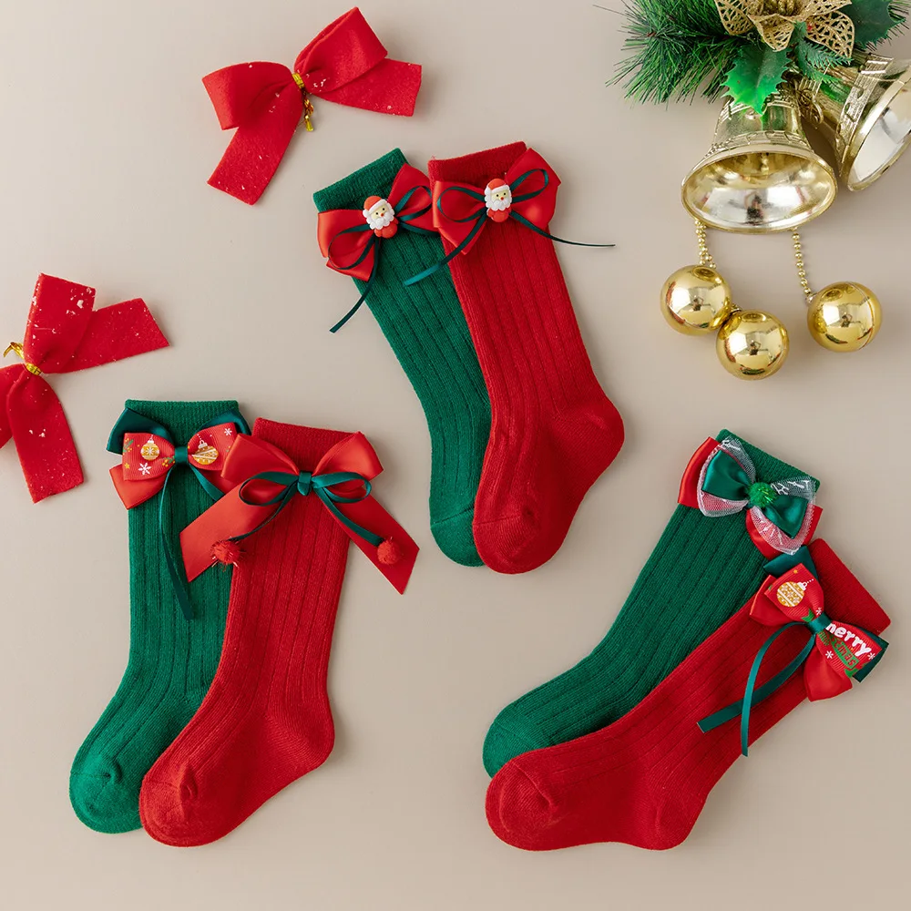 Baby Socks Kids Ribbed Cotton Sock for Girls Christmas Knee High Long Sokken Children Santa Stocking Newborn Foot Warmer 0-4Y
