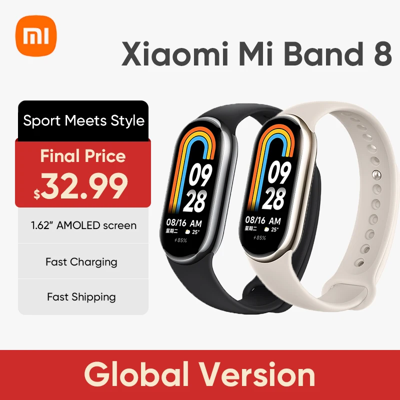 

Global Version Xiaomi mi Band 8 Blood Oxygen 1.62'' AMOLED Fitness Smart Bracelet Long Battery Life 150+ Modes Smart Band