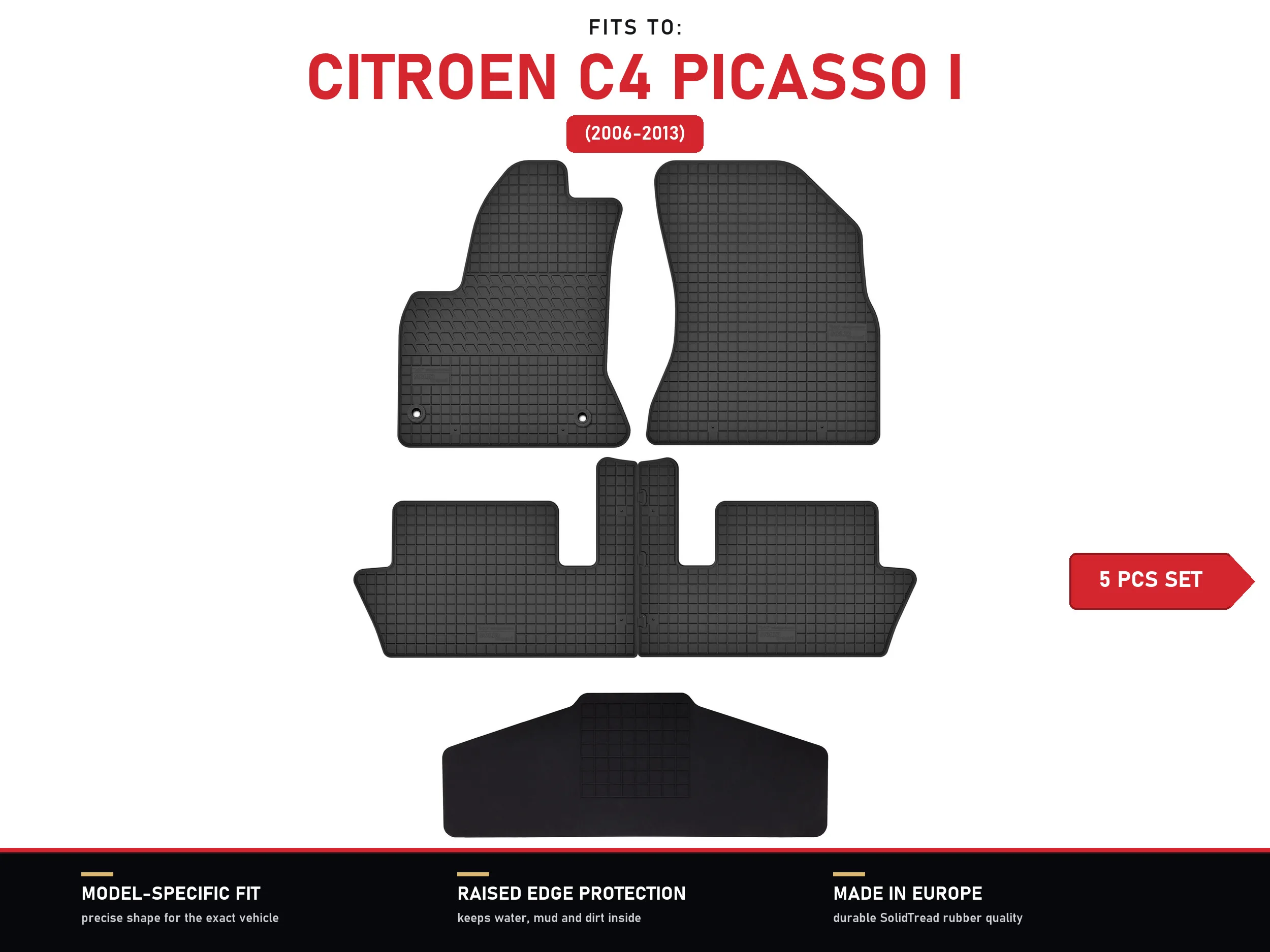 Rubberen vloermatten met tunnel voor: Citroen C4 Picasso I 2006-2013 5 stuks
