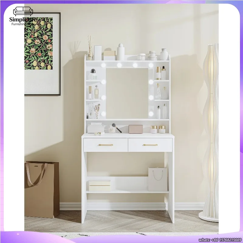 

Dressing Table with Mirror and Shelves Featuring Two Drawers for Bedroom or Living Room Adjustable Brightness Design