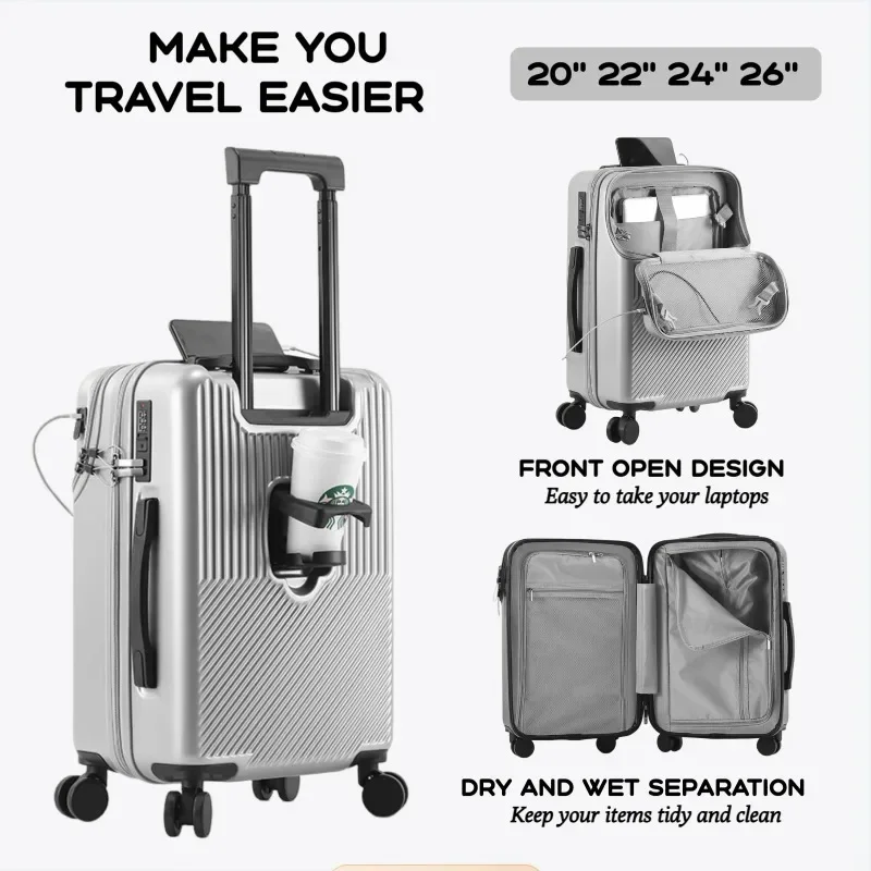 New Durable Luggage Sets Suitcase Front Open TSA Lock USB Slient Spinner Wheel Charging Men Carry-On Travel 20/22/24/26