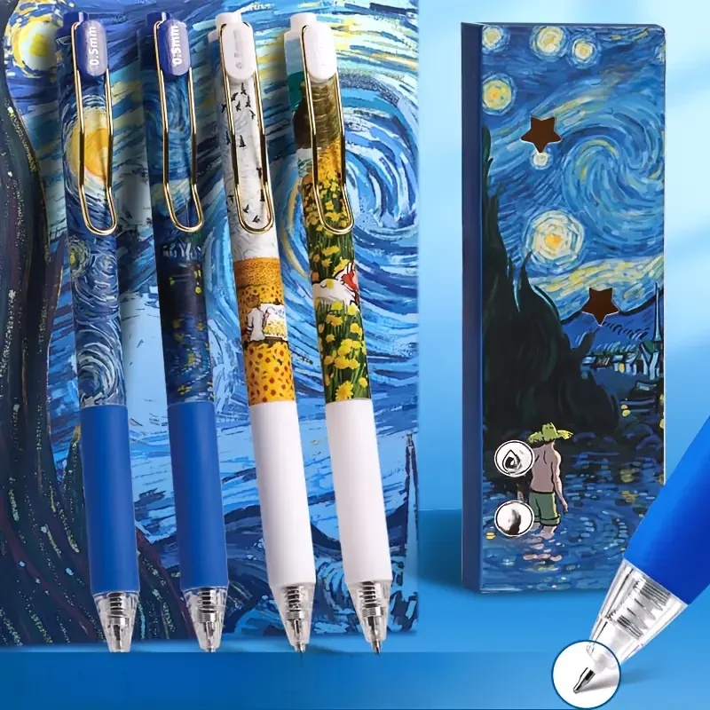 

4Pcs/Box Trendy Van Gogh Oil Painting Press Gel Pen Black Ink ST 0.5mm Ballpoint Pen Quick-Drying Pens Student Office Stationery