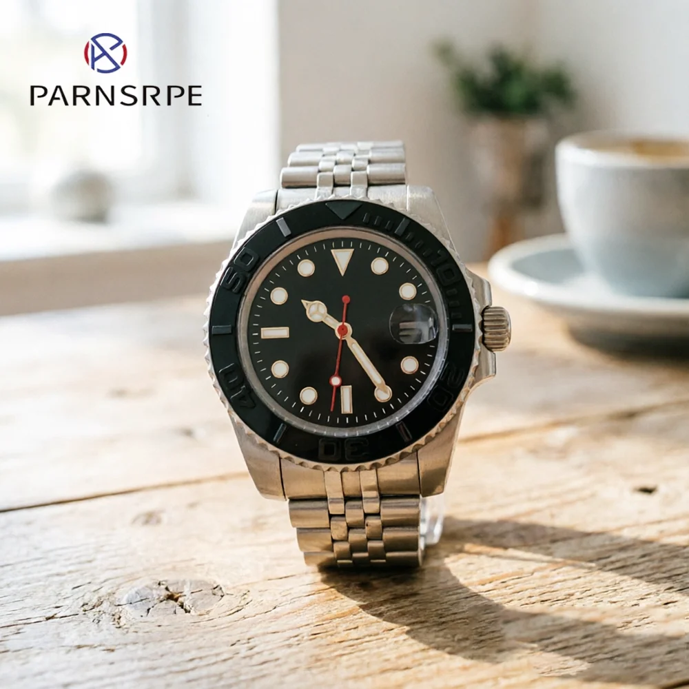 

New 40mm Automatic Mechanical Watch for Men 2813 Movement Dive Black Dial Red Second Hand Stainless Steel Band Date Display