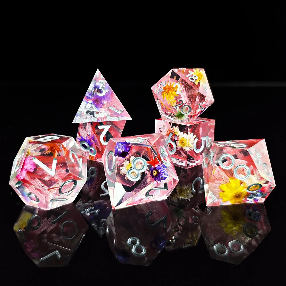 DnD 7Pcs/set Resin Sharp Edge Dice Set Beautiful Flowers D4-D20 Polyhedral Dice for Decorat Home Role Playing TRPG Games Dice