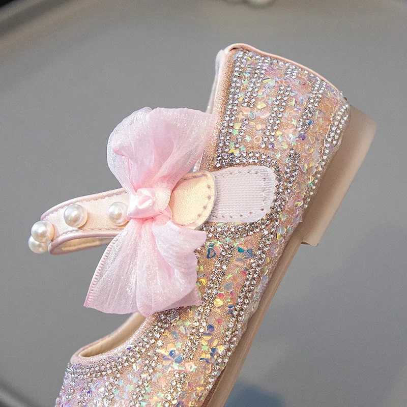 

Детские туфли-оксфорды для девочек с блестками, весенне-осенние, для школы и танцев, с жемчужными бусинами, из мягкой искусственной кожи, розовые, белые