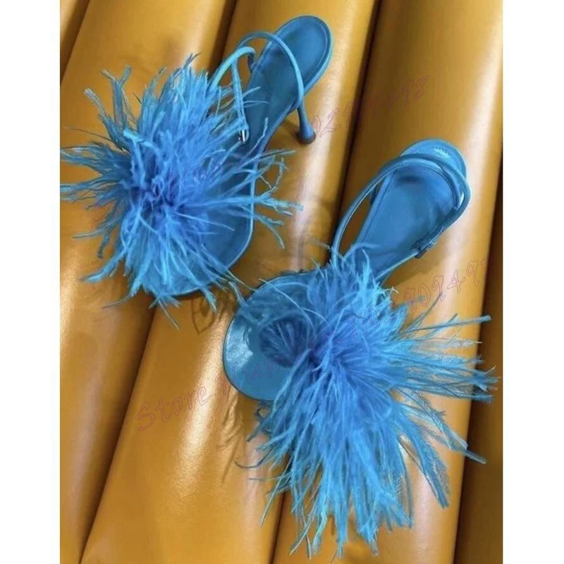 

Blue Feather Decor Evening Sandals Open Toe Shoes for Women Stilettos High Heels Sexy Party Shoes 2024 Zapatos Para Mujere