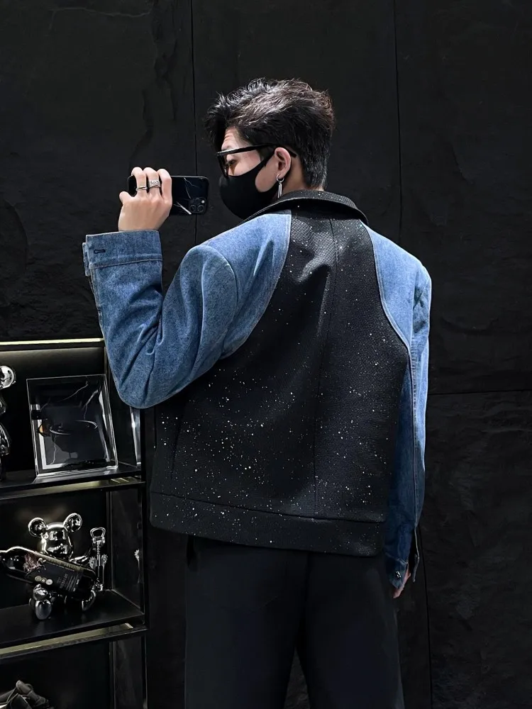 Mens Spring Denim Spliced Short Jacket Contrasting Single Breasted Padded Shoulder Jackets Fashion Lapel Long Sleeve Loose Coats