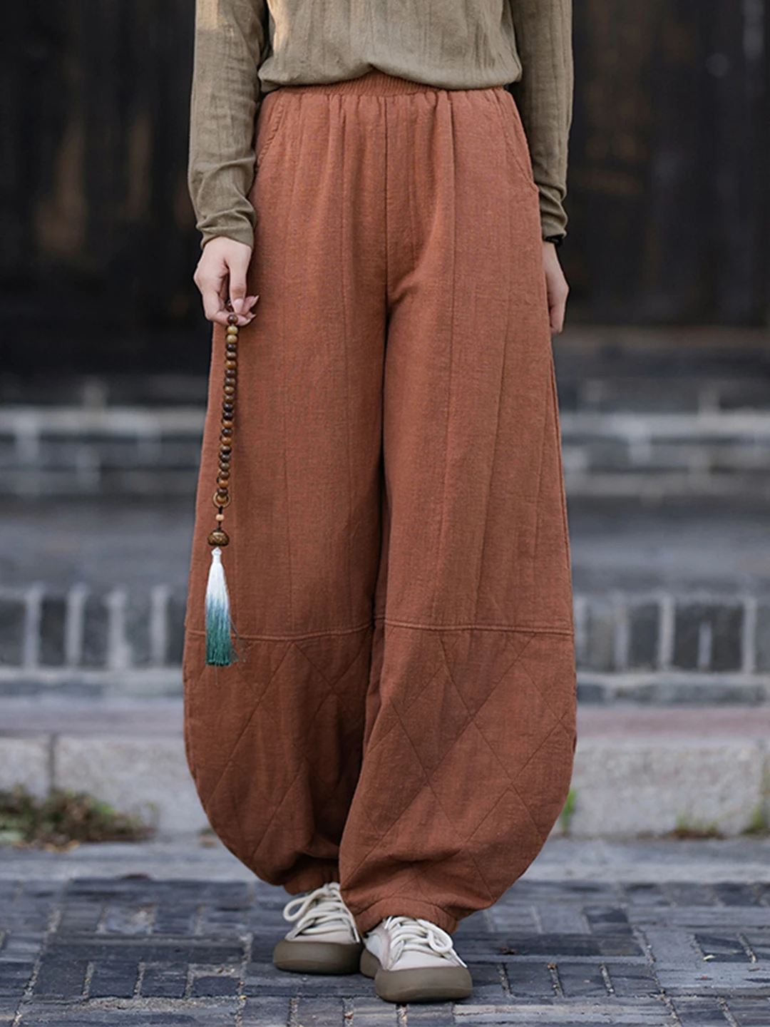 Retro Hemp Cotton Pants Women Winter Outdoor Wear Warm Casual Anti-Cold Loose Splicing Lantern Pants Yoga Fitness Running