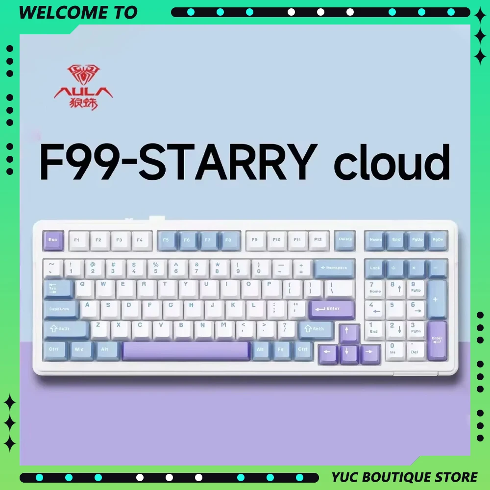 AULA F99 Starry Cloud E-sport Mechanical Keyboards Wireless Bluetooth Wired 3-Mode RGB Hot Swappable 98 Keys Custom Gaming Kits