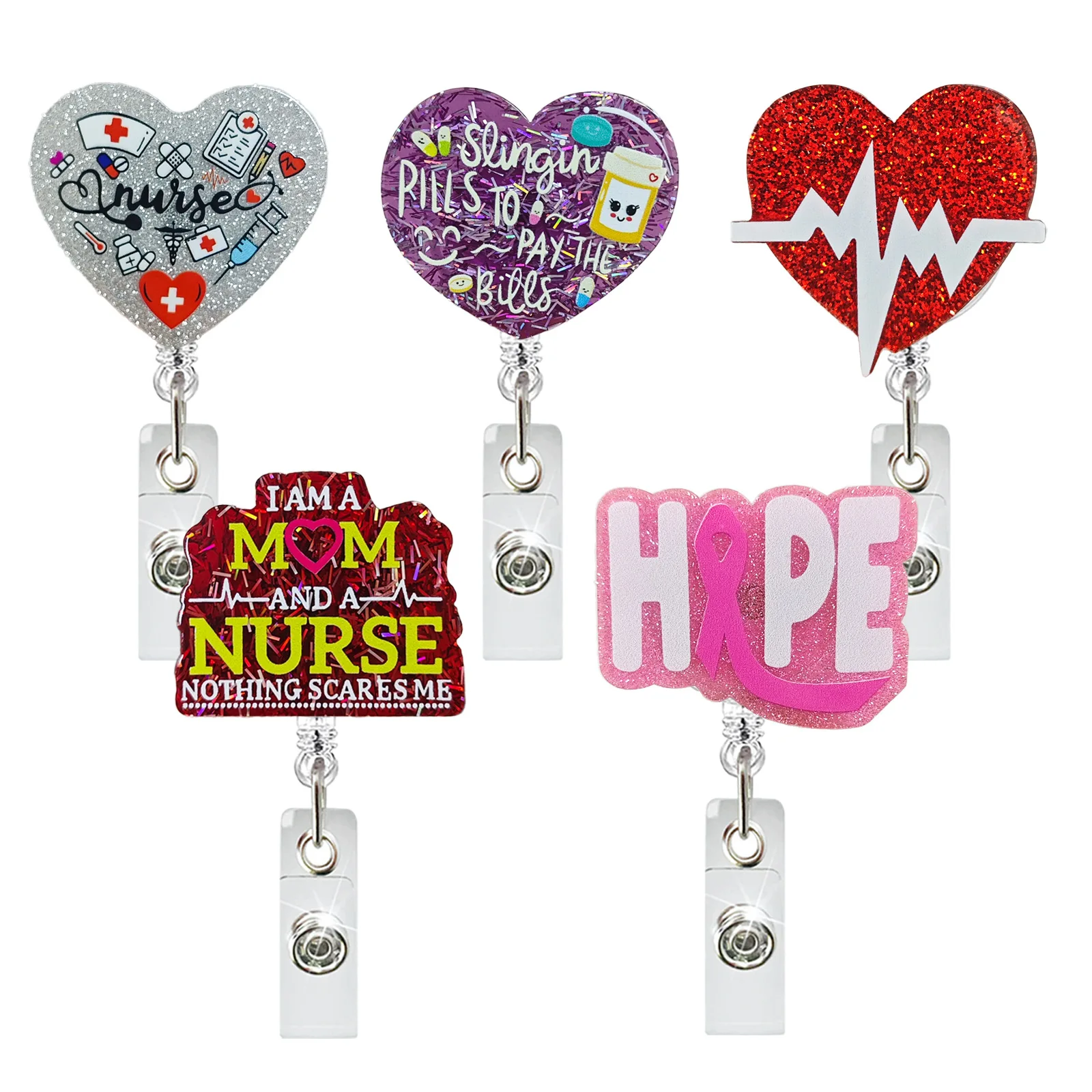 Glitter Acrylic Heart Letter Retractable Badge Reel ID Card Holder For Students Doctors Nurses