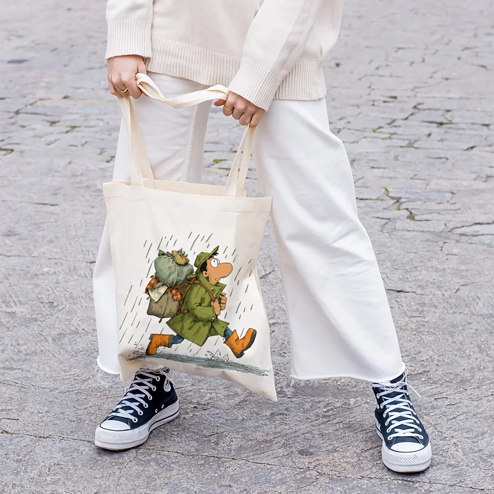 1pc Large Canvas Tote Bag with Rainy Day Peanuts Comic Strip Design - Beige & Green Retro Vintage Grocery Shopping Bag, Durable
