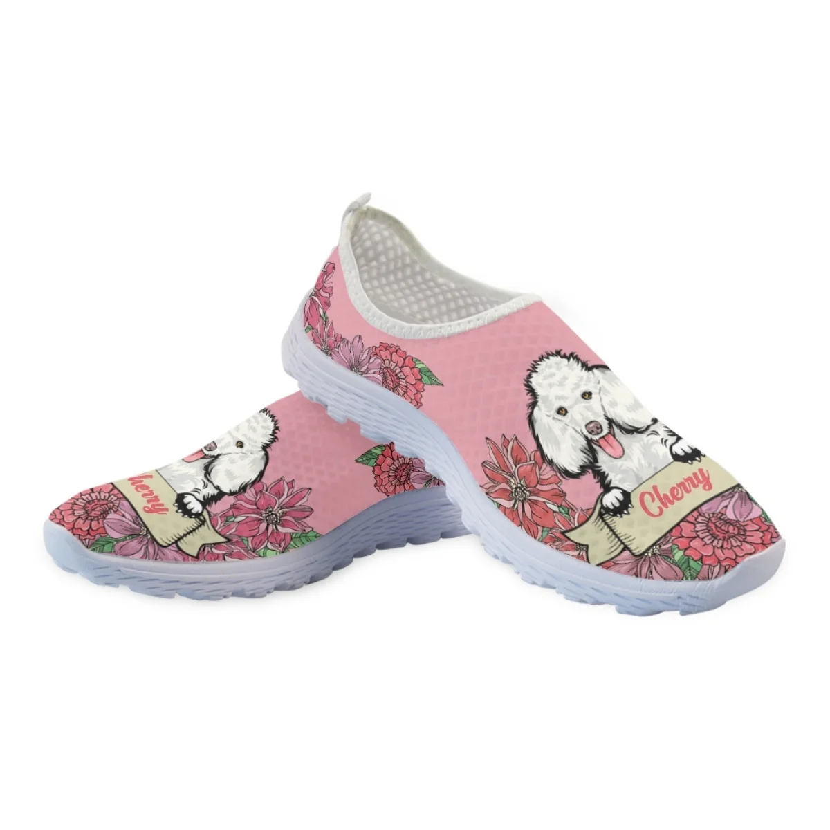 INSTANTARTS Women's Custom Name Flats Poodle Dog Floral Pattern Lady Wear-Resistant Tennis Snekaers Casual Slip-on Mesh Loafers