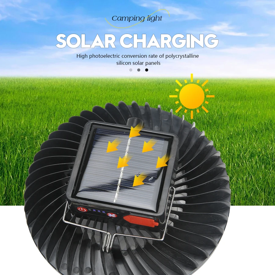 Multifuncional Camping Fan Light, carregamento solar e USB, portátil, teto sem fio, ventilador elétrico com Power Bank, Tripé de luz LED