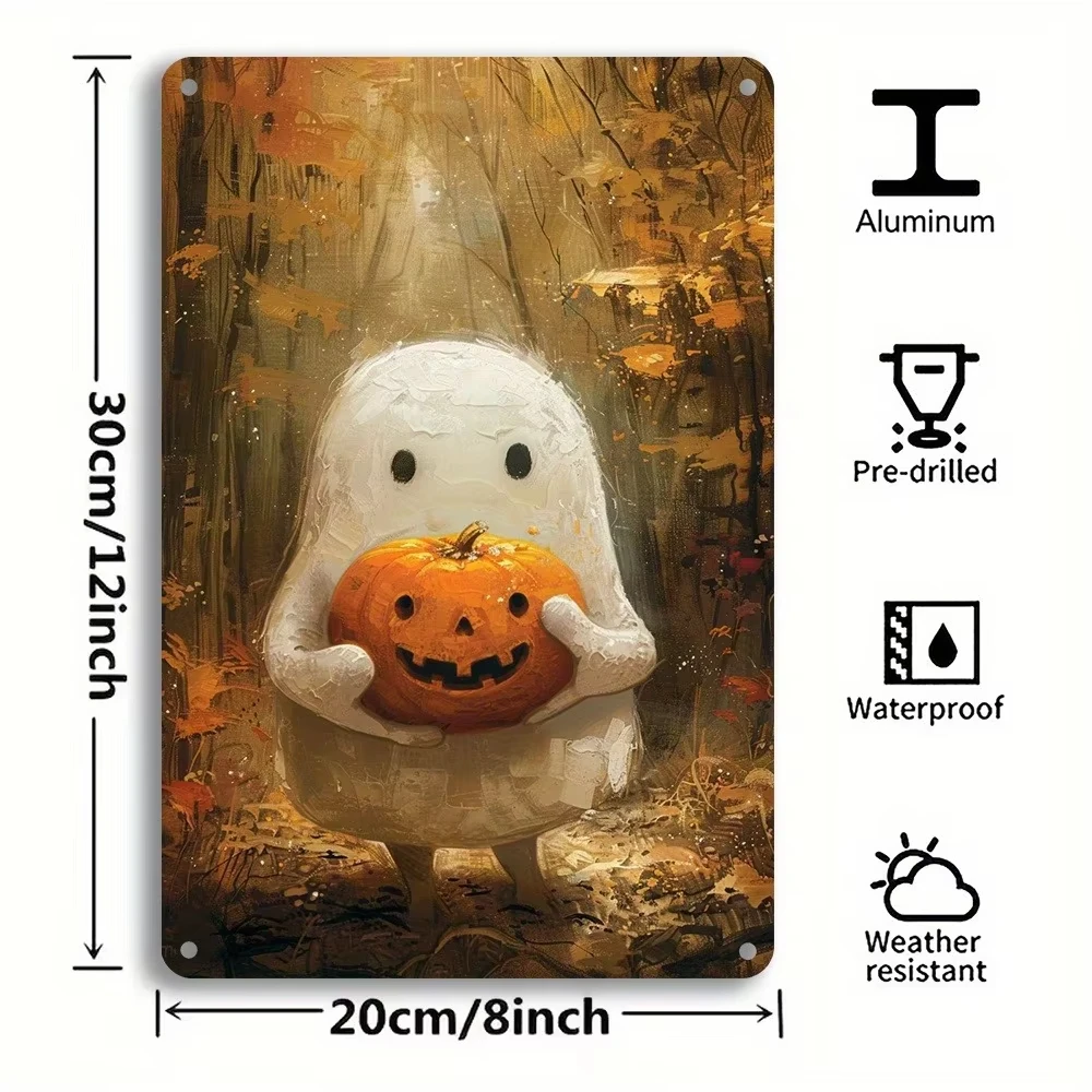 لافتة قصدير معدنية عتيقة للهالوين - 8x12_ ديكور أوراق اليقطين اللطيفة لشريط المنزل، سهل التركيب