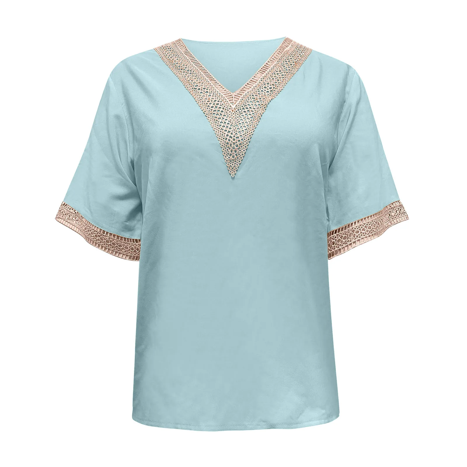 Women\'S Elegant Blouse Women Summer Fashion Short Sleeved V Neck Lace Solid Color Shirt Short Sleeved Loose Top 여름옷