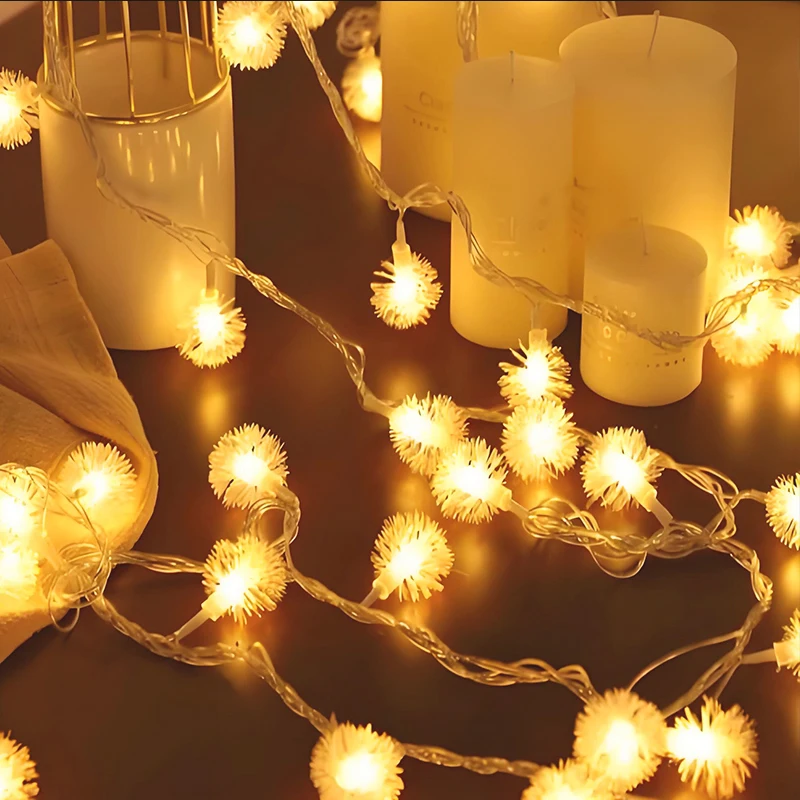 LED Furry Snowball String Lights Warm White dandelion String Lights for Wedding Valentine's Day Party indoor Decoration