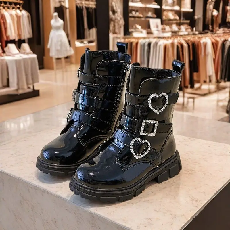 Girls Rhinestone Riding Boots kid's Patent Leather Mid Calf Boots Students Non-Slip Round Toe Comfort Short Boots Side Zipper