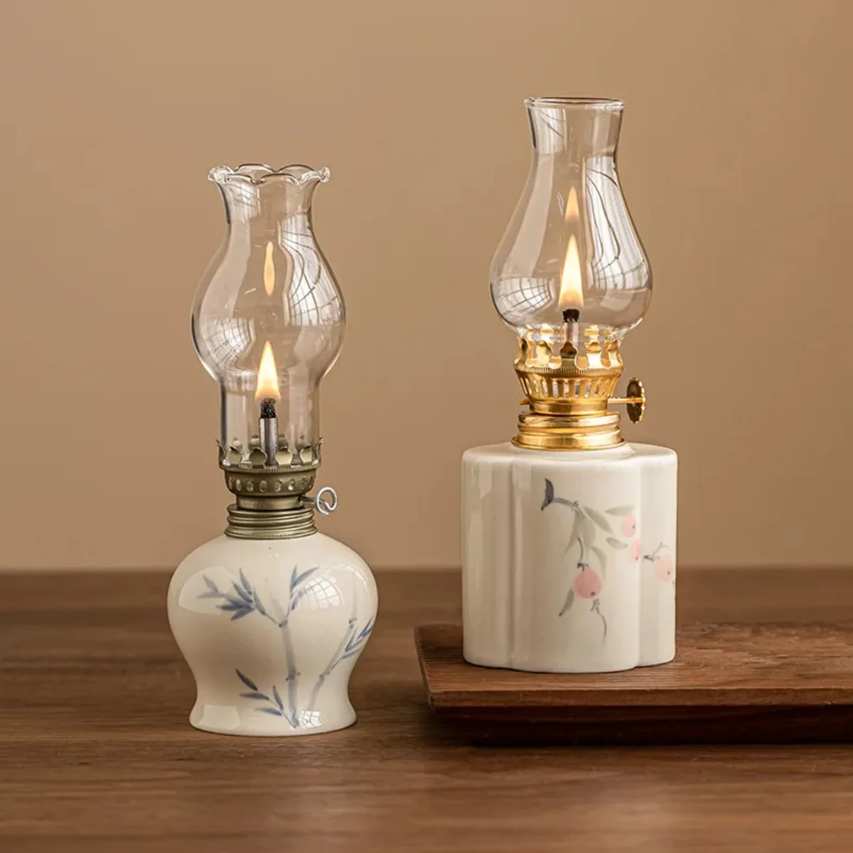 

Hand Drawn Floral Retro Kerosenes Lamp Ceramic Butter Lamp New Chinese Style Study Bedroom Small Night Light Decoration