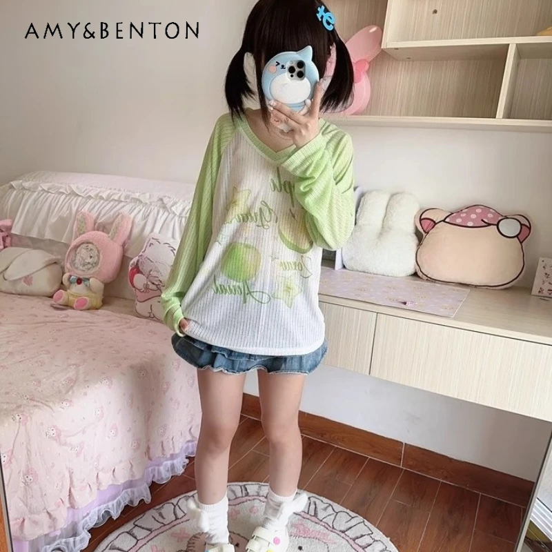 

Summer Green Splicing Sweet Cool Fruit Print Women's T-Shirt Loose V-Neck Long Sleeve Sun Protection Breathable T-Shirts Ladies