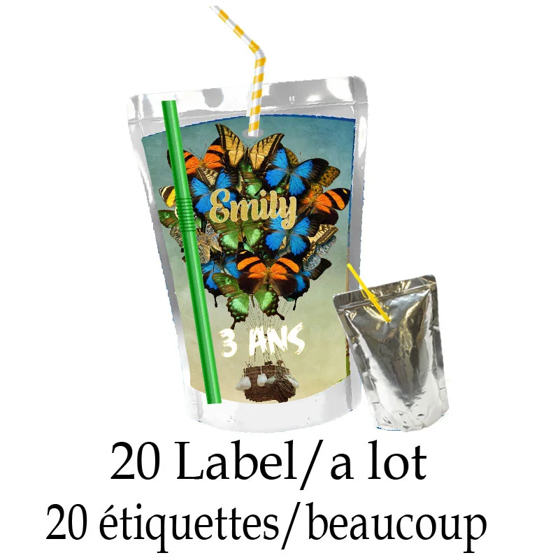 20 Butterfly Hot Air Balloon Juice Pouch Labels Favor Tag Gift Bag Candy Box Soap Bubble Water Bottle Stickers Birthday Decor