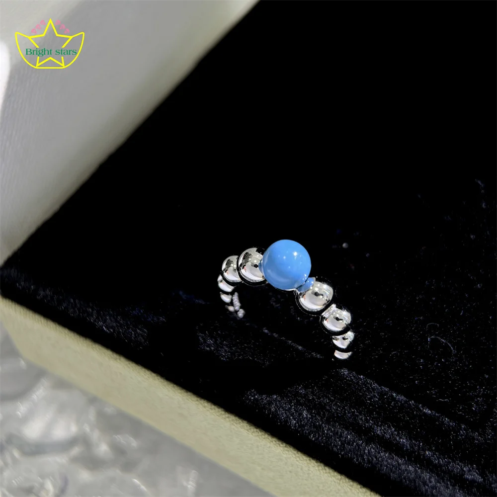 

Bright Stars S925 pure silver turquoise niche light luxury small round bead edge exquisite ring fine jewerly