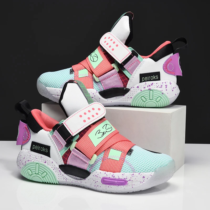 

Hot Sale Teenagers Basketball Sneakers Kids Breathable Mesh Basket Shoes Boys Hook Loop Training Shoes Child chaussures basket