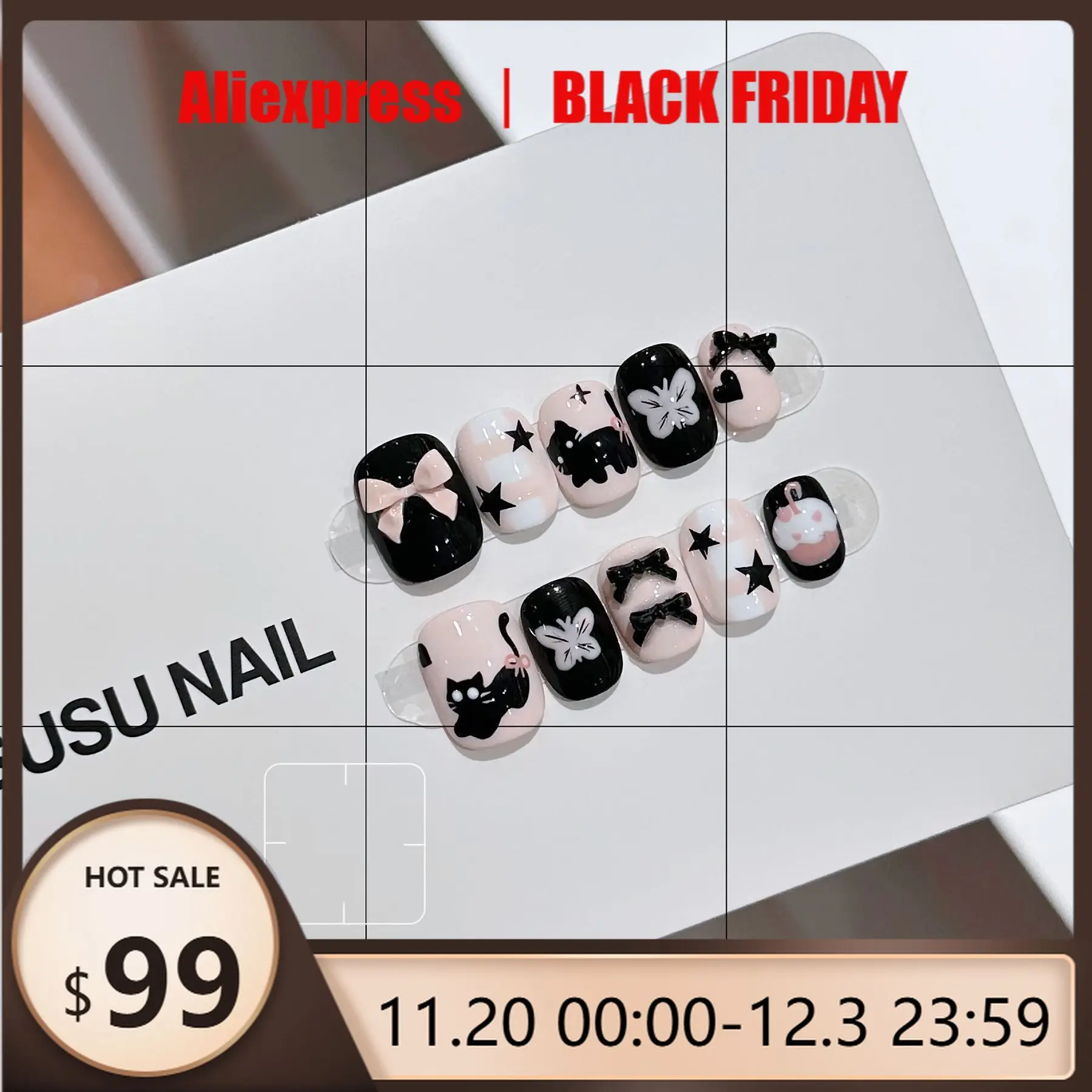 

10pcs Handmade Press on Nails Hand-Painted Cat Bow Star Full Coverage Nail Tips for Women&Girls Short Detachable Wearable Nail