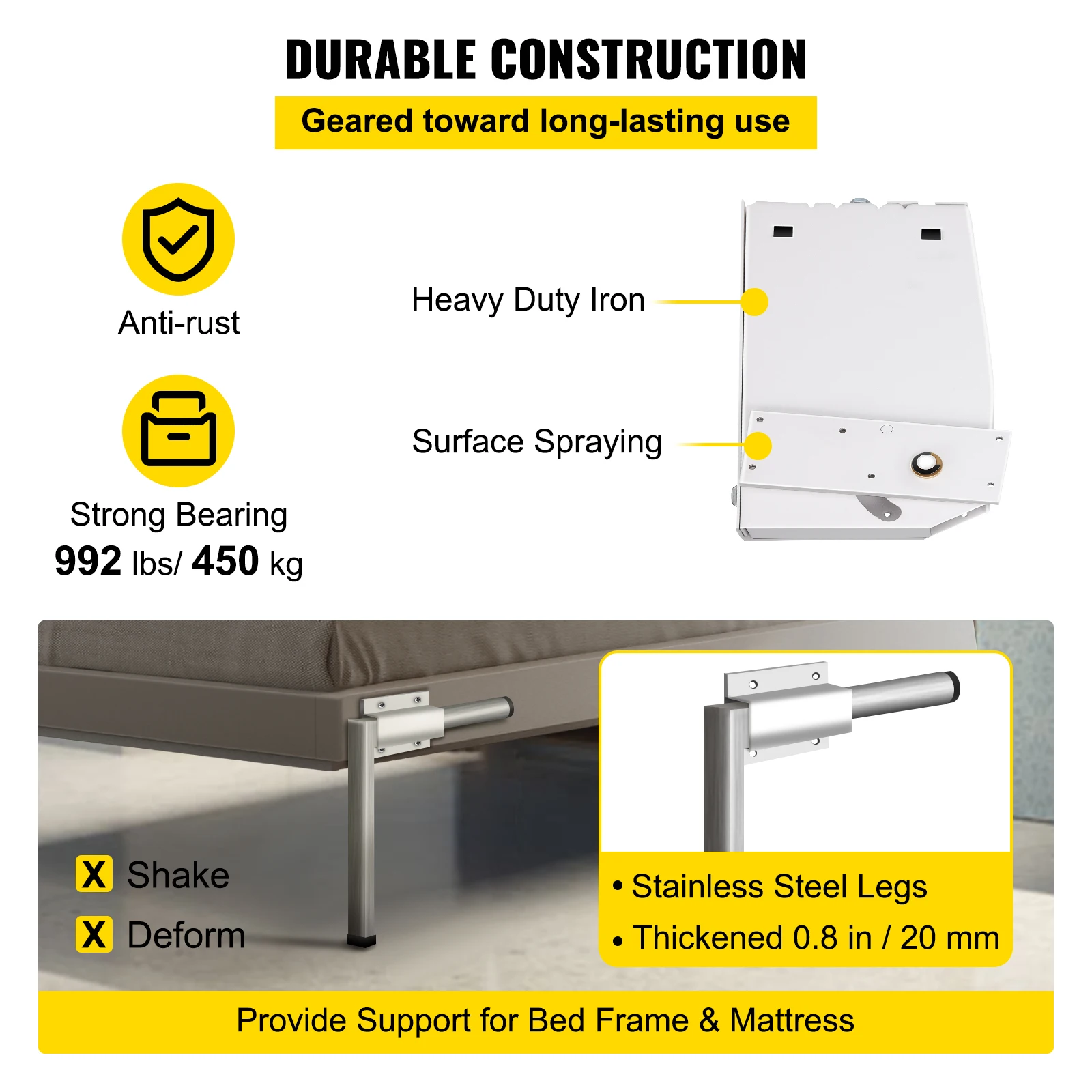 SucceBuy Kit de hardware para cama Murphy DIY, montagem vertical, mecanismo de mola para cama de parede, resistente, King Queen, suporte para cama, hardware DIY