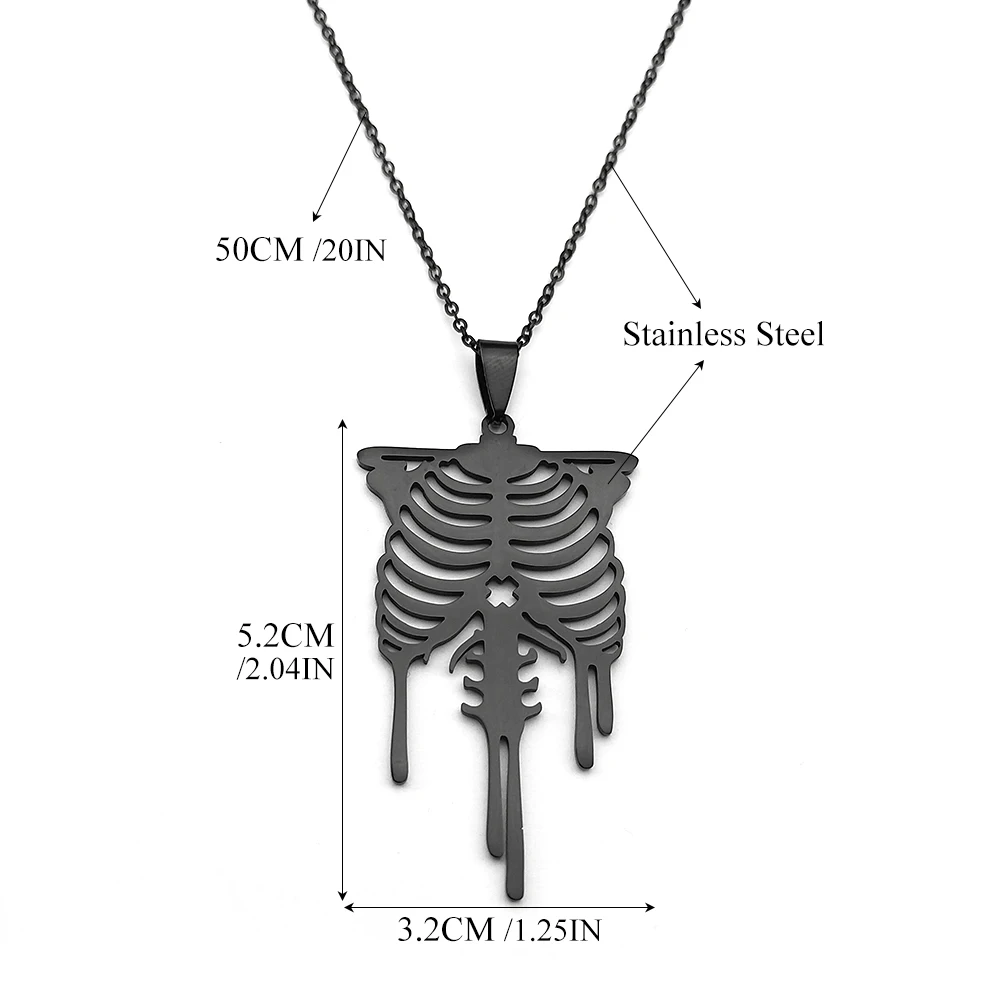 Gothic Skull Stainless Steel Necklace for Men Black Color Thoracic Rib Necklaces Pendants Jewelry colgante hombre ZZZ957-QKC